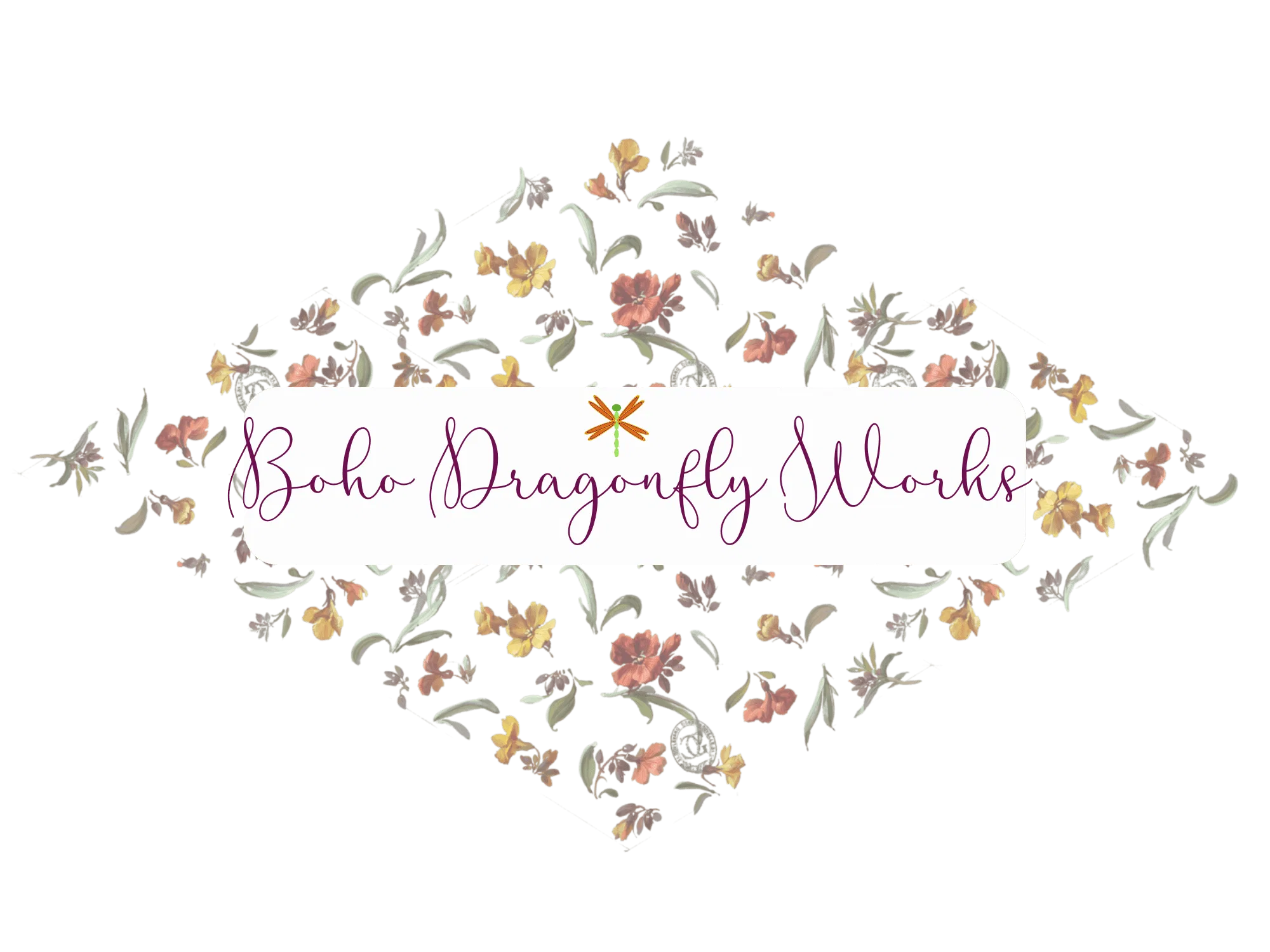 Title of website: Boho Dragonfly Works with the BDW logo, a cartoon-ish green & orange dragonfly surrounded by small yellow and orange floral designs.